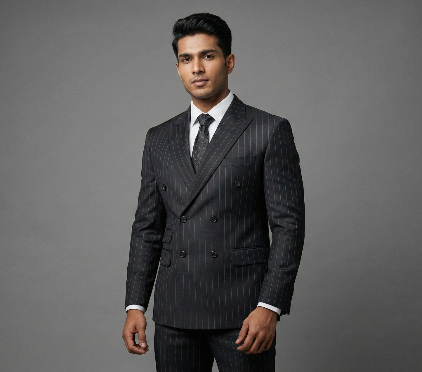 Raymond Super Luxe 60% Wool Super 180s Suiting Fabric (Charcoal Grey, Pinstripes)