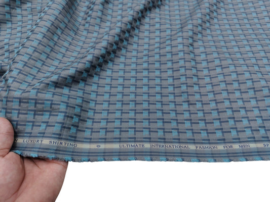 Spaada 100% Giza Cotton Luxury Shirting Fabric (Blue And Grey, Patterned)