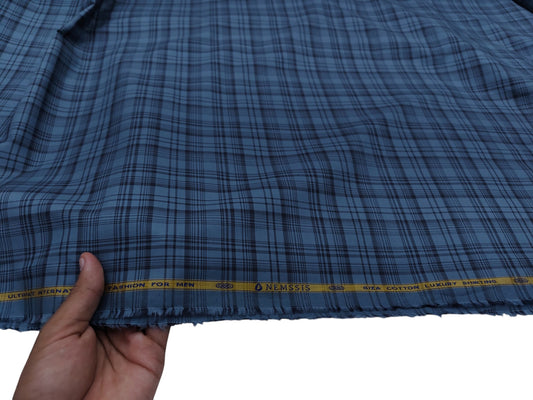Nemssis 100% Giza Cotton Luxury Shirting Fabric (Blueish Grey, Checks)