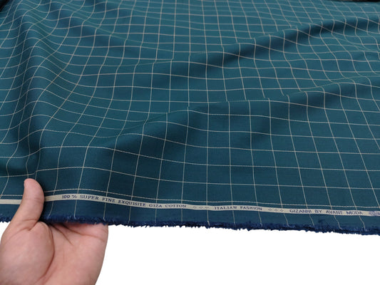 Avant Moda 100% Superfine Giza Cotton Shirting Fabric (Green, Checks)