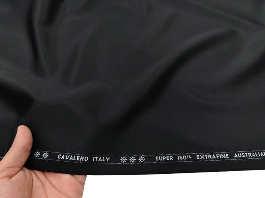 Cavalero Italy 95% Wool Super 150s Suiting Fabric (Pure Black, Plain Weave)