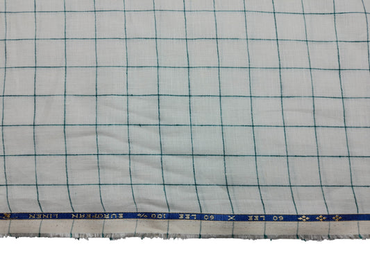 100% Pure European Linen 60 LEA Shirting Fabric (White & Green , Checks)