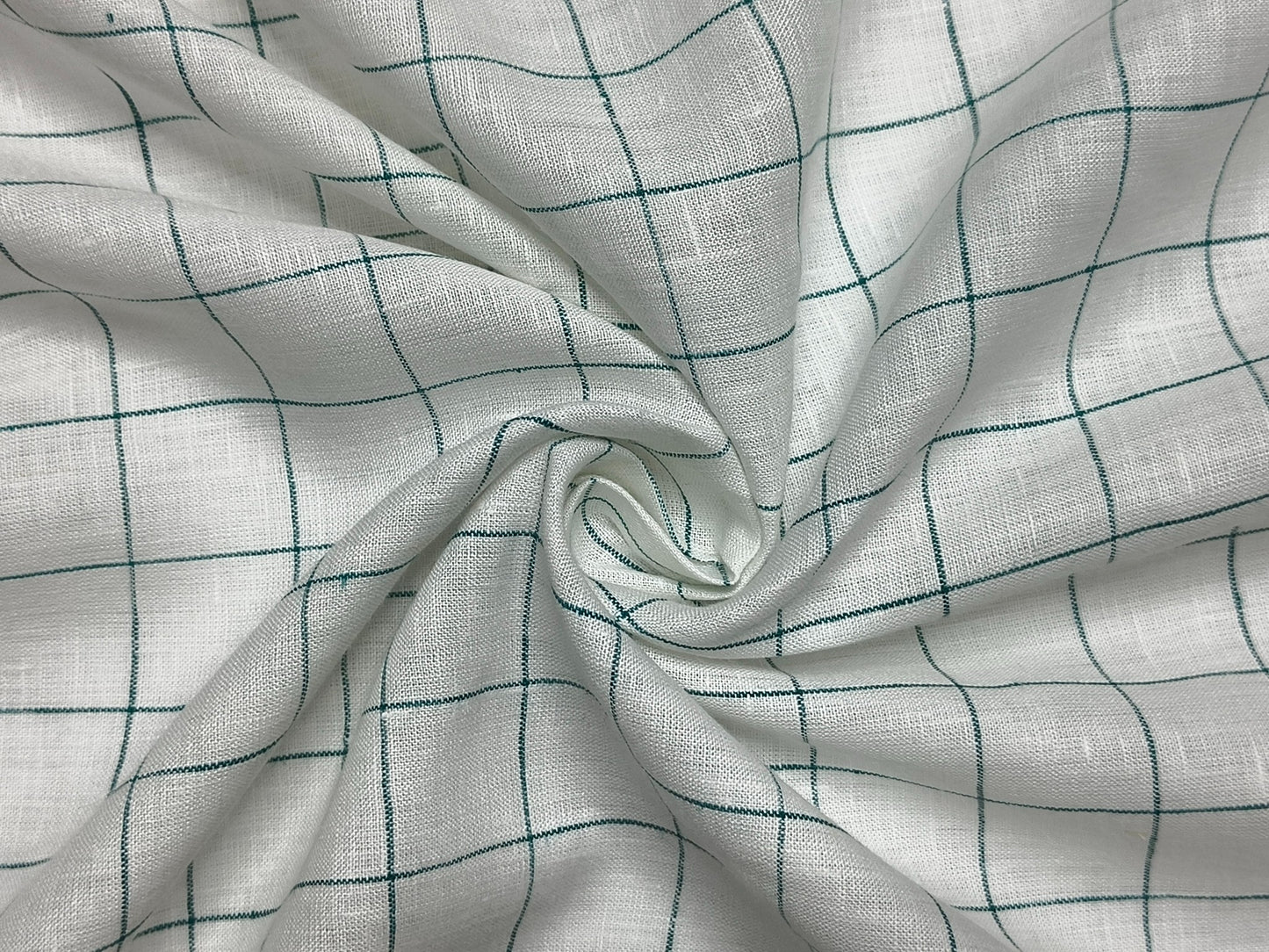 100% Pure European Linen 60 LEA Shirting Fabric (White & Green , Checks)