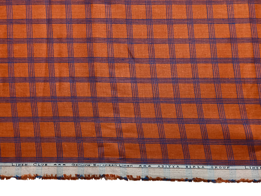 Linen Club 100% Pure European Linen Suiting Suiting Fabric (Orange, Blue Checks)