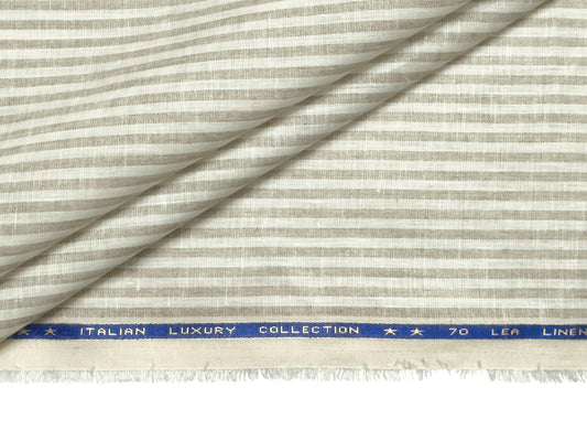 Italian Luxury Collection 100% Pure Linen Fabric 70 LEA Shirting Fabric (Beige & White, Stripes)