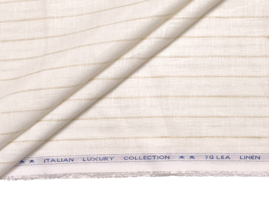 Italian Luxury Collection 100% Pure Linen Fabric 70 LEA Shirting Fabric (White & Golden, Stripes)