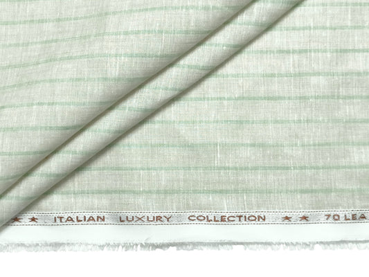 Italian Luxury Collection 100% Pure Linen Fabric 70 LEA Shirting Fabric (Beige & Green Stripes)