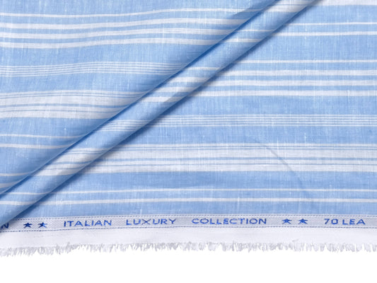 Italian Luxury Collection 100% Pure Linen Fabric 70 LEA Shirting Fabric (Blue & White, Stripes)