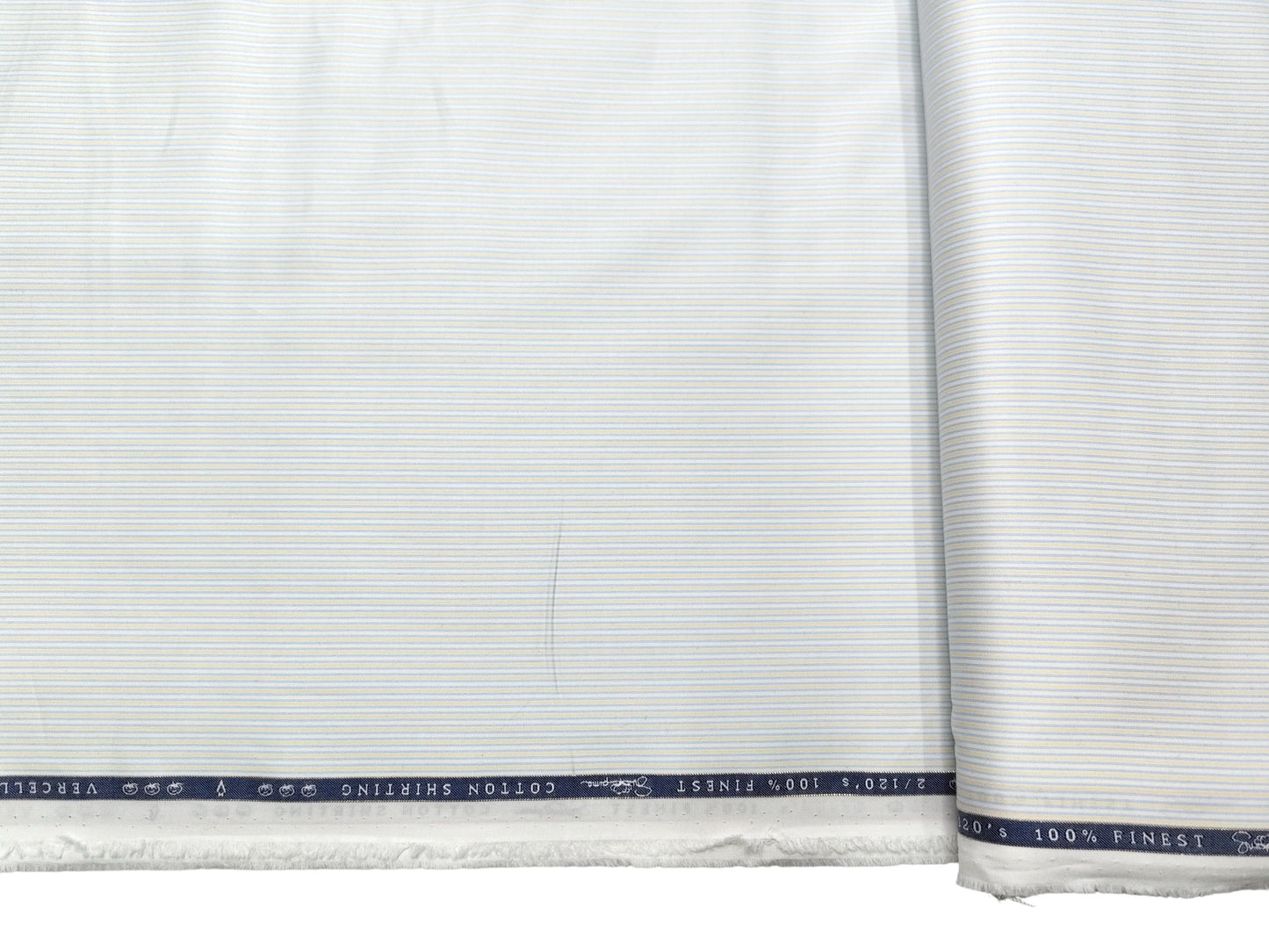 Vercelli Italy 2/120s 100% Pure Cotton Shirting Fabric (White, Blue & Yellow, Stripes)