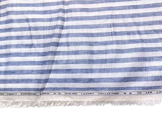 Italian Luxury Collection 100% Pure Linen Fabric 70 LEA Shirting Fabric (Blue , Striped)