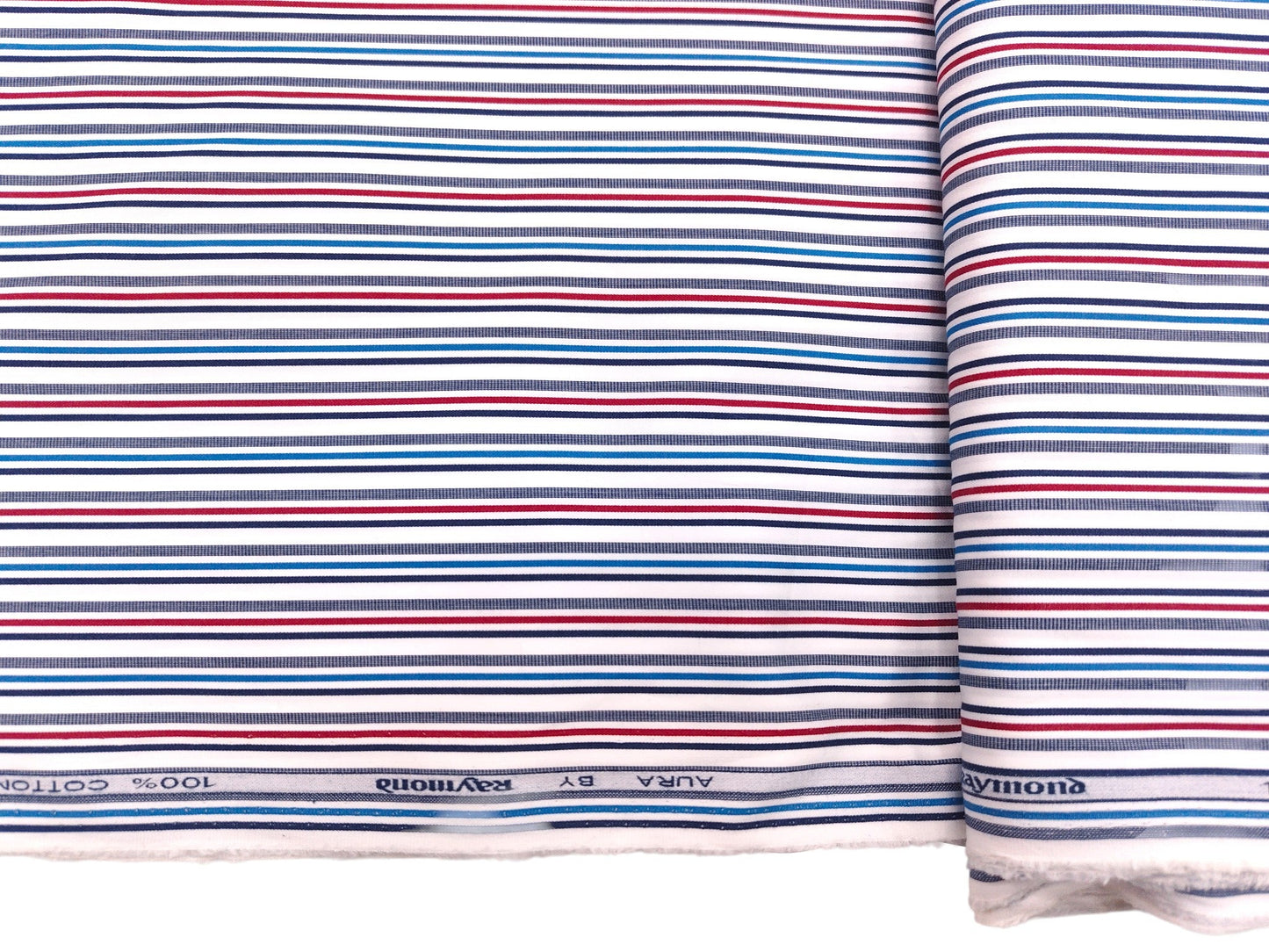 Raymond 100% Pure Cotton Shirting Fabric (White Blue And Red, Multistripes)