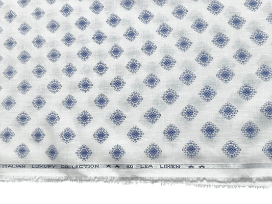 Italian Luxury Collection 100% Pure Linen 60 Lea Shirting Fabric (White & Blue, Printed)