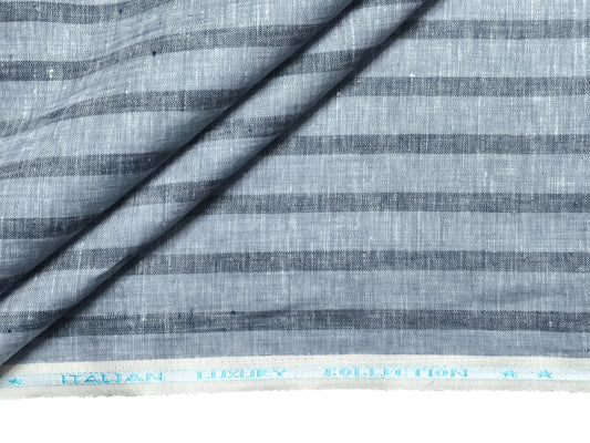 Italian Luxury Collection 100% Pure Linen 70 Lea Shirting Fabric (Blueish Grey , Stripes)