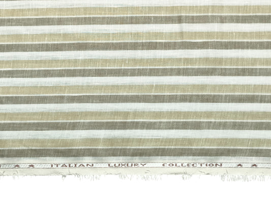 Italian Luxury Collection 100% Pure Linen 70 Lea Shirting Fabric (Beige & Olive, Stripes)