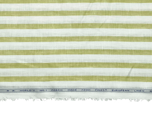 Italian Luxury Collection 100% Pure Linen 70 Lea Shirting Fabric (White & Green, Stripes)