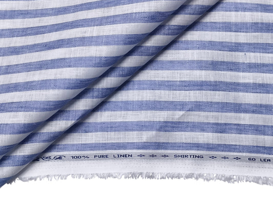 100% Pure Linen 60 LEA Shirting Fabric (White & Blue, Striped)