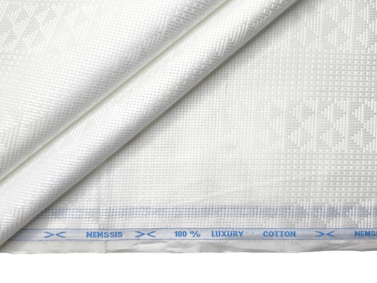 Nemssis 100% Cotton Luxury Shirting Fabric (White Design, Jute Weave)