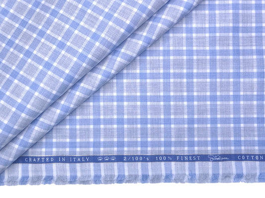 Vercelli Italy 2/100s Finest Supima Cotton Shirting Fabric (Powder Blue, Checks)
