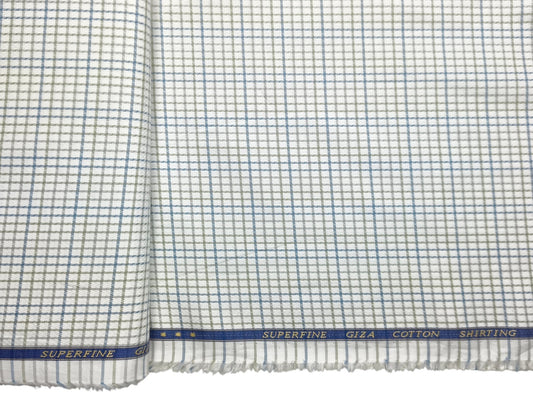 Solino 100% Premium Giza Cotton Shirting Fabric (White , Green & Blue, Checks)