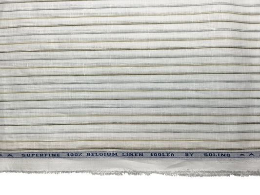 Solino 100% Pure Linen Premium 100 LEA Shirting Fabric (White , Grey & Olive, Stripes)