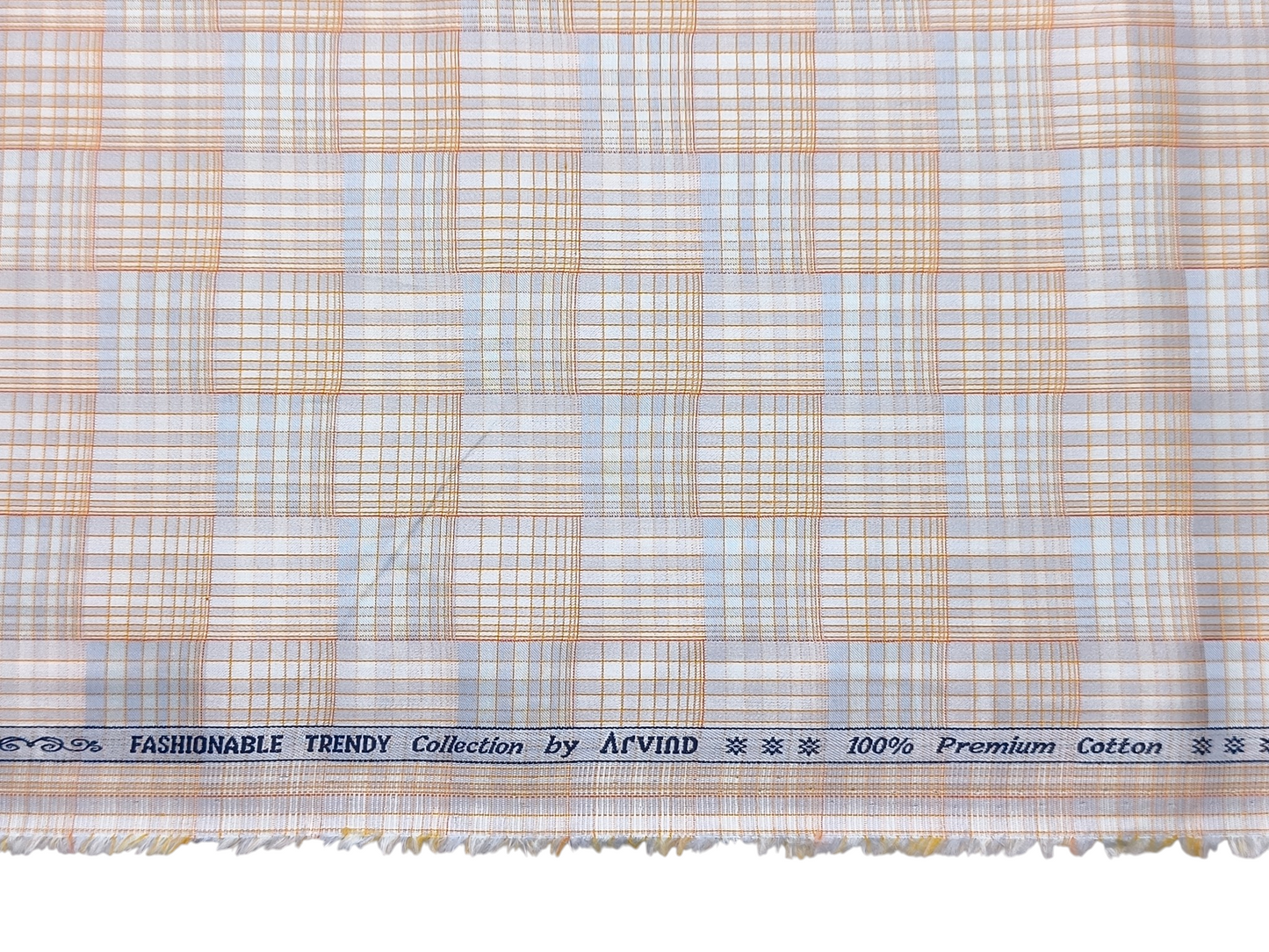 Arvind Fashionable Trendy Collection 100% Premium Cotton Shirting Fabric (Orange & Blue, Patterned Checks)