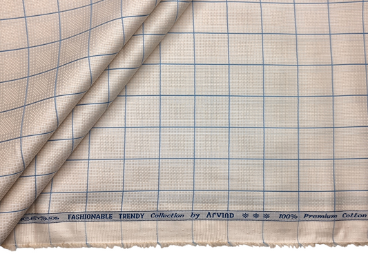 Arvind Fashionable Trendy Collection 100% Premium Cotton Shirting Fabric (Beige & Blue, Checks)