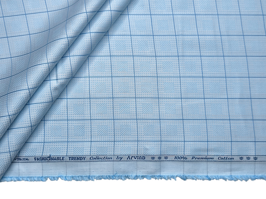 Arvind Fashionable Trendy Collection 100% Premium Cotton Shirting Fabric (Sky Blue, Checks)
