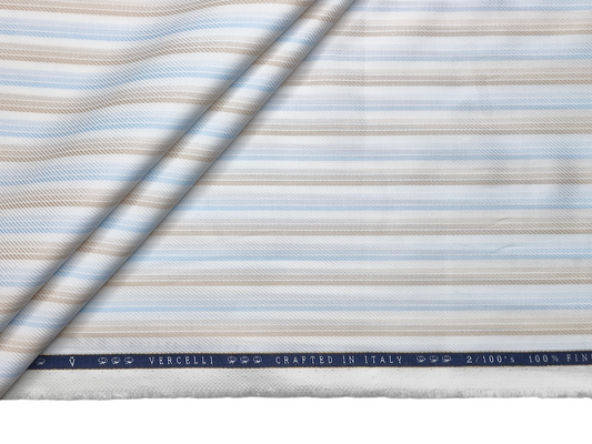 Vercelli Italy 2/100s Finest Supima Cotton Shirting Fabric (Beige & Blue, Patterned Stripes)