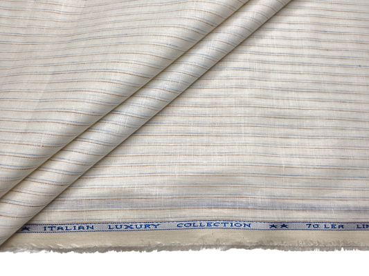 Murano Di Italia Italian Luxury Collection 100% Pure Linen 70 LEA Shirting Fabric (Offwhite, Blue & Brown, Stripes)