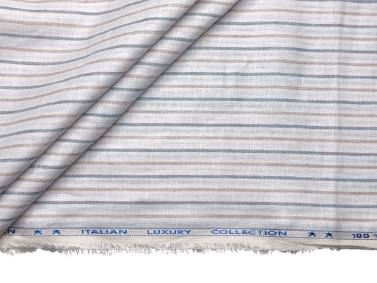 Murano Di Italia Italian Luxury Collection 100% Pure Linen 70 LEA Shirting Fabric (Grey & Beige, Stripes)