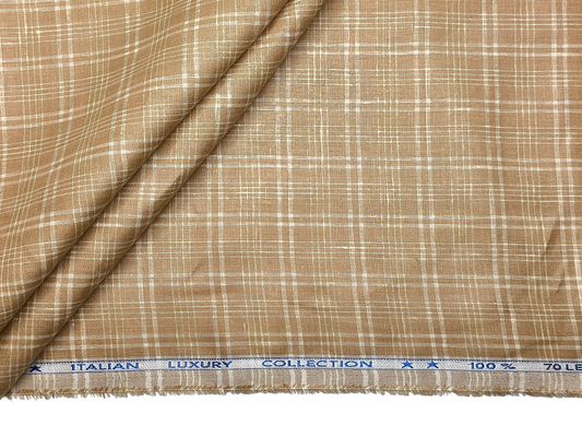 Murano Di Italia Italian Luxury Collection 100% Pure Linen 70 LEA Shirting Fabric (Camel Beige, Checks)