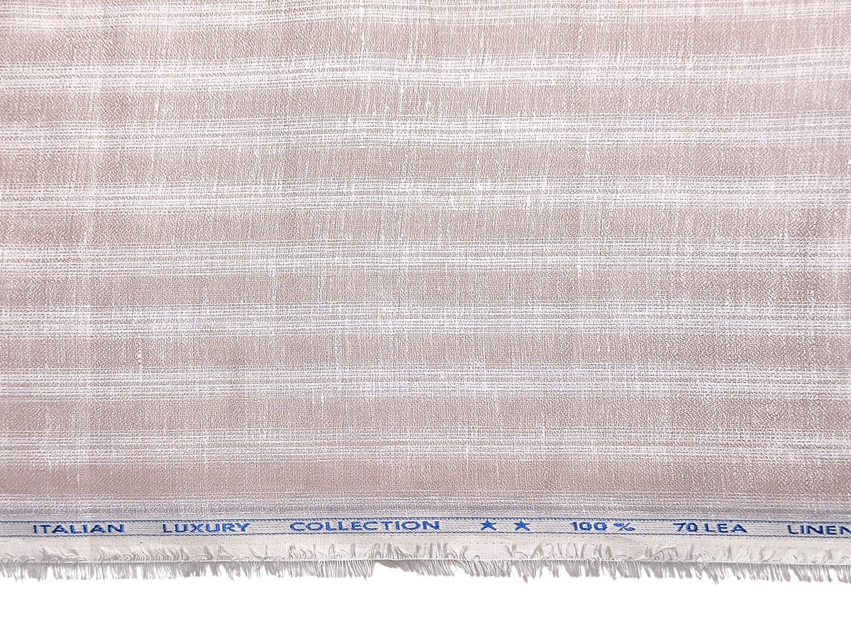 Murano Di Italia Italian Luxury Collection 100% Pure Linen 70 LEA Shirting Fabric (Light Beige Stripes, Crepe Weave)