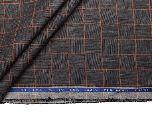 100% Pure Linen 60 LEA Shirting Fabric (Charcoal Grey & Orange, Checks)