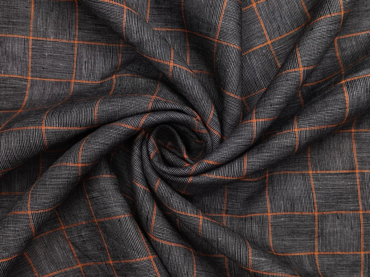 100% Pure Linen 60 LEA Shirting Fabric (Charcoal Grey & Orange, Checks)