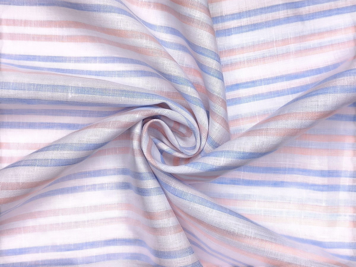 100% Pure Linen 60 LEA Shirting Fabric (Blue & Orange, Stripes)