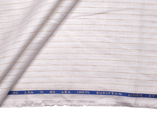 100% Pure Linen 60 LEA Shirting Fabric (White & Golden, Subtle Stripes)