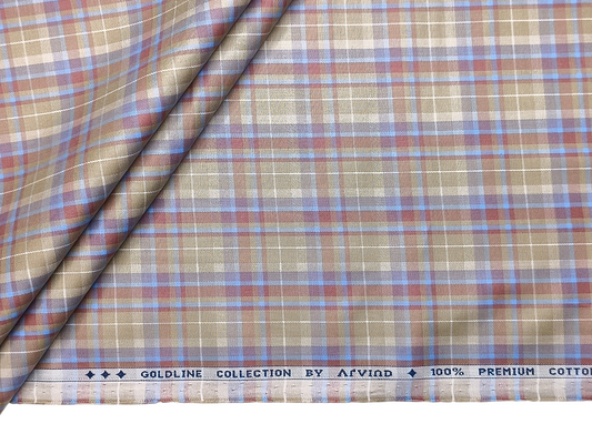 Arvind Goldline Collection 100% Premium Cotton Shirting Fabric (Green, Blue and Rust, Checks)
