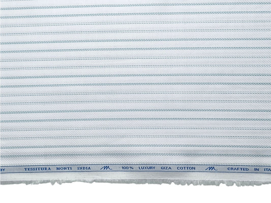 Tessitura Monti 100% Premium Giza Cotton Shirting Fabric (White & Blue, Patterned Stripes)