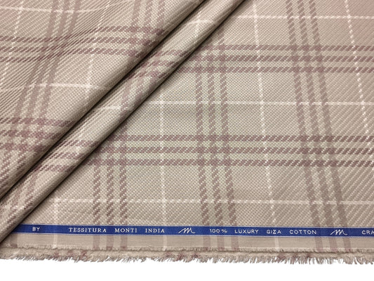 Tessitura Monti 100% Premium Giza Cotton Shirting Fabric (Beige & Brown, Patterned Checks)