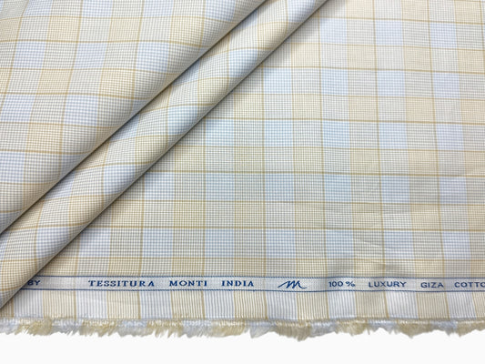 Tessitura Monti 100% Premium Giza Cotton Shirting Fabric (Blue & Light Yellow, Checks)