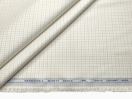 Tessitura Monti 100% Premium Giza Cotton Shirting Fabric (White, Beige & Brown, Checks)