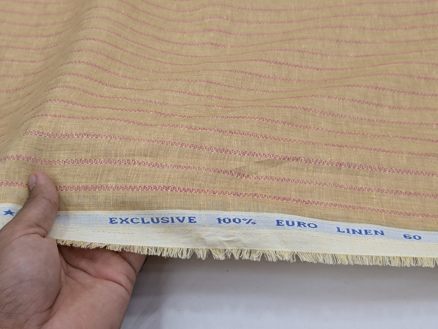Solino 100% Pure Linen Fabric (Warm Beige With Maroon Stripes)