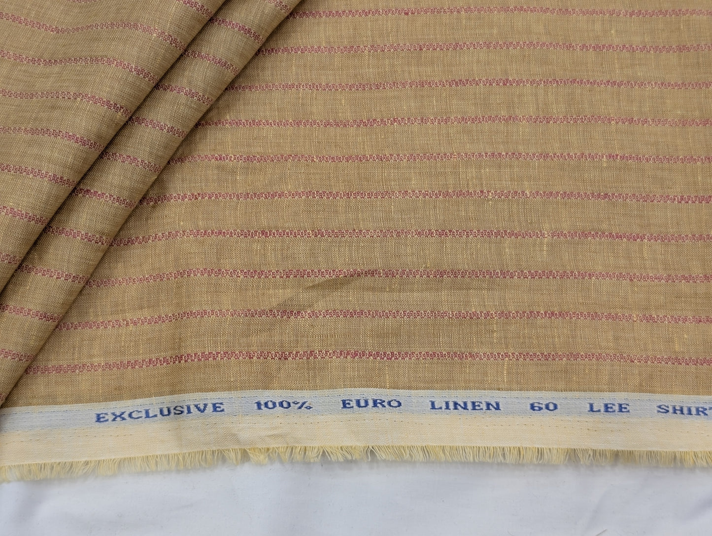 Solino 100% Pure Linen Fabric (Warm Beige With Maroon Stripes)