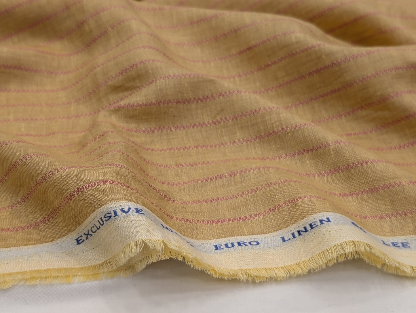 Solino 100% Pure Linen Fabric (Warm Beige With Maroon Stripes)