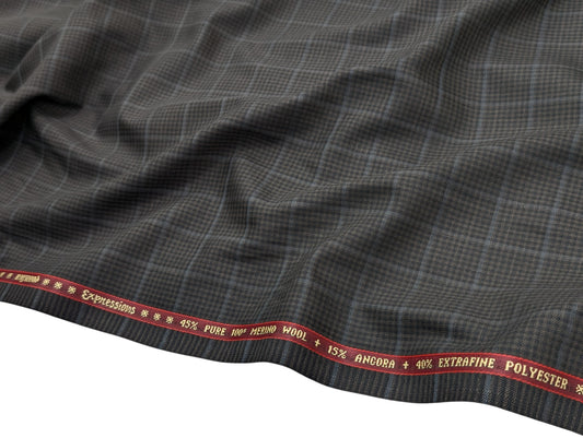 Raymond Expressions Merino Wool Blend Suiting Fabric (Dark Brown with Blue Checks)