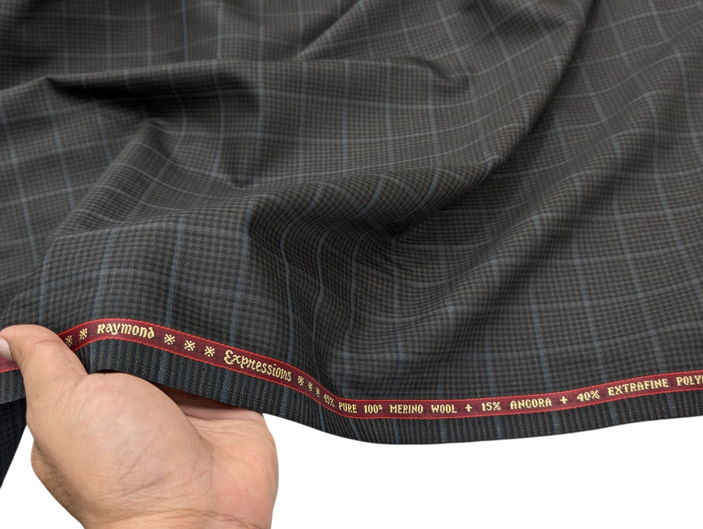 Raymond Expressions Merino Wool Blend Suiting Fabric (Dark Brown with Blue Checks)