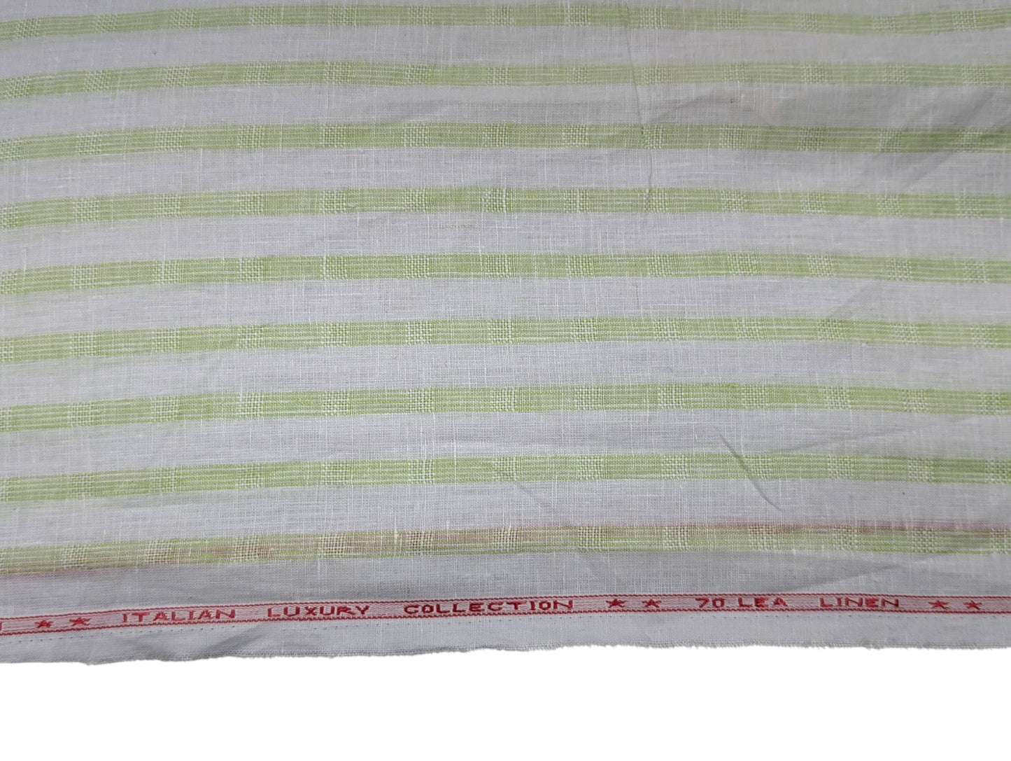 Italian Luxury 100% Pure Linen Fabric 70 Lea (White with Pastel Green Stripes)