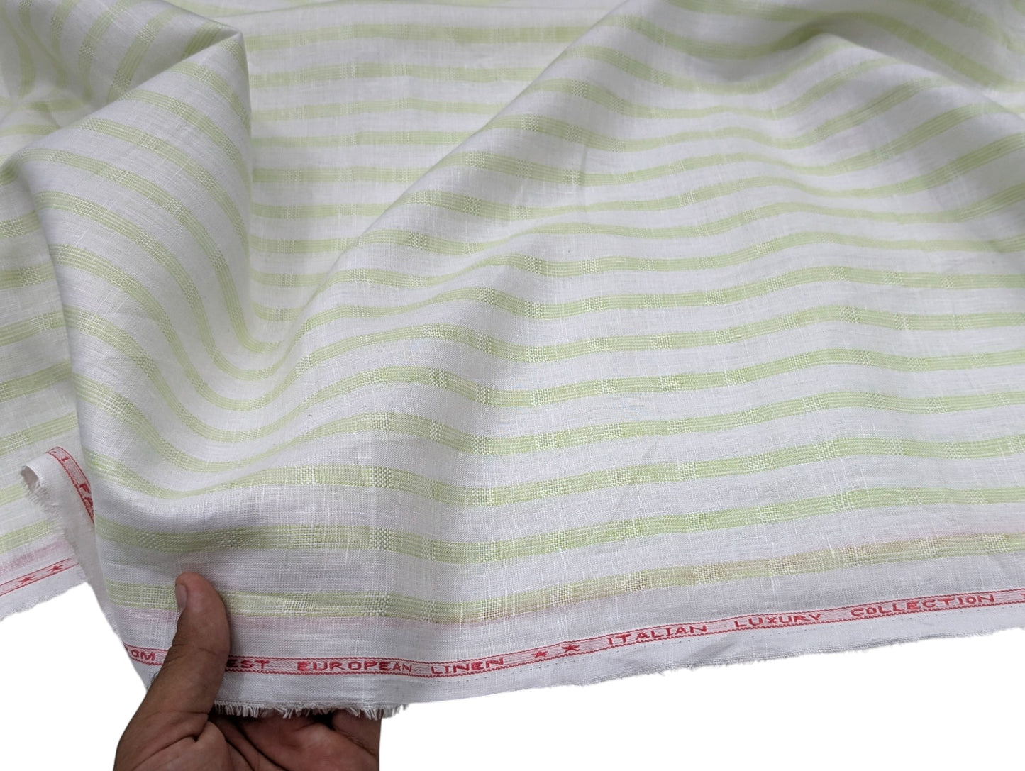 Italian Luxury 100% Pure Linen Fabric 70 Lea (White with Pastel Green Stripes)