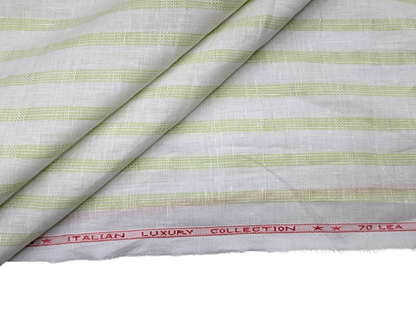 Italian Luxury 100% Pure Linen Fabric 70 Lea (White with Pastel Green Stripes)