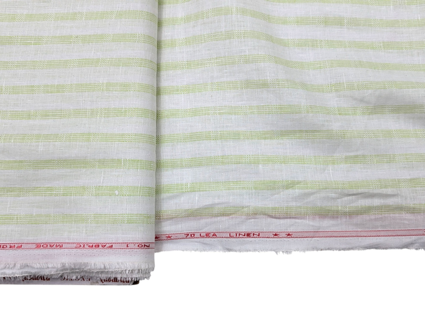 Italian Luxury 100% Pure Linen Fabric 70 Lea (White with Pastel Green Stripes)